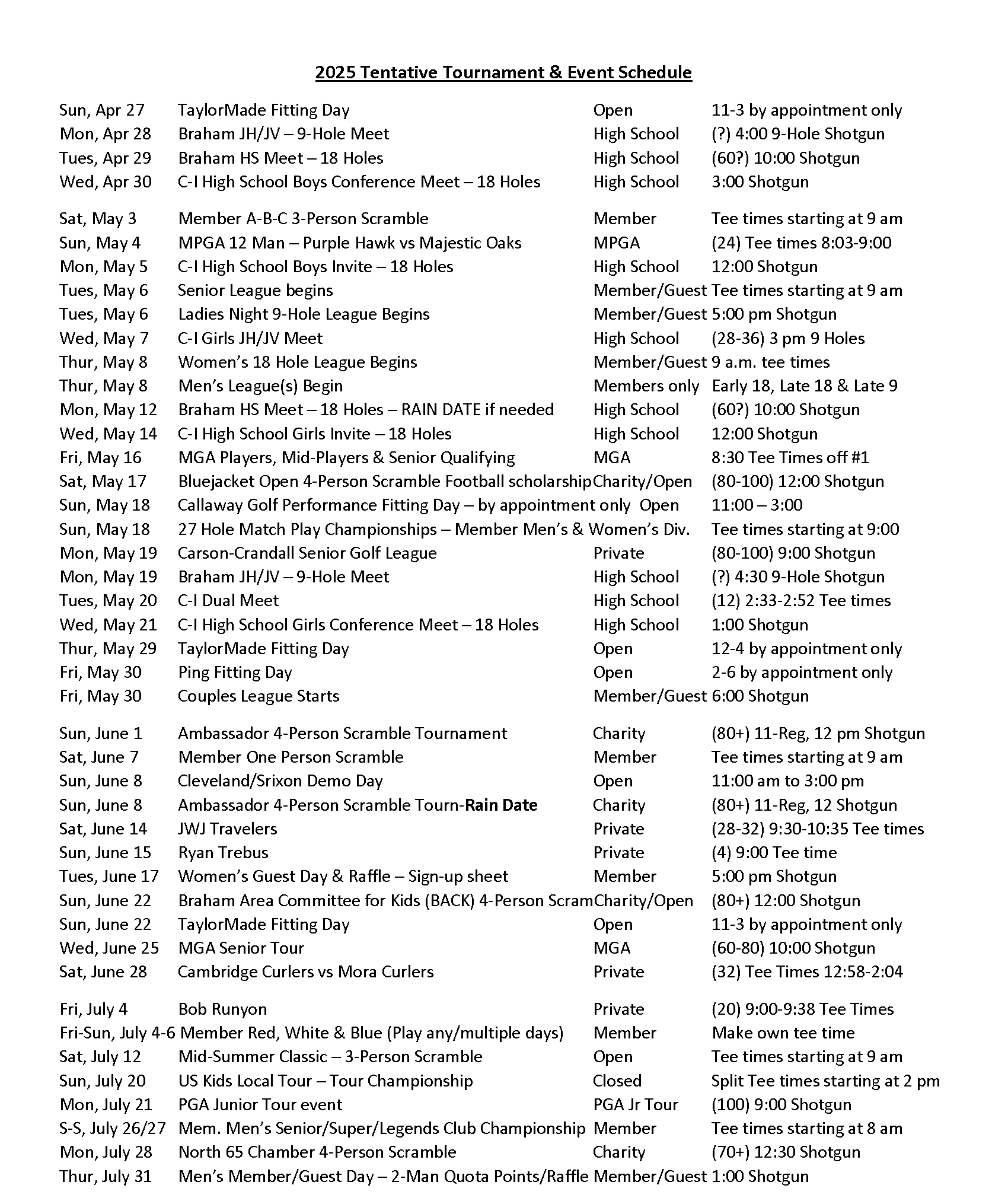 Tournament Schedule